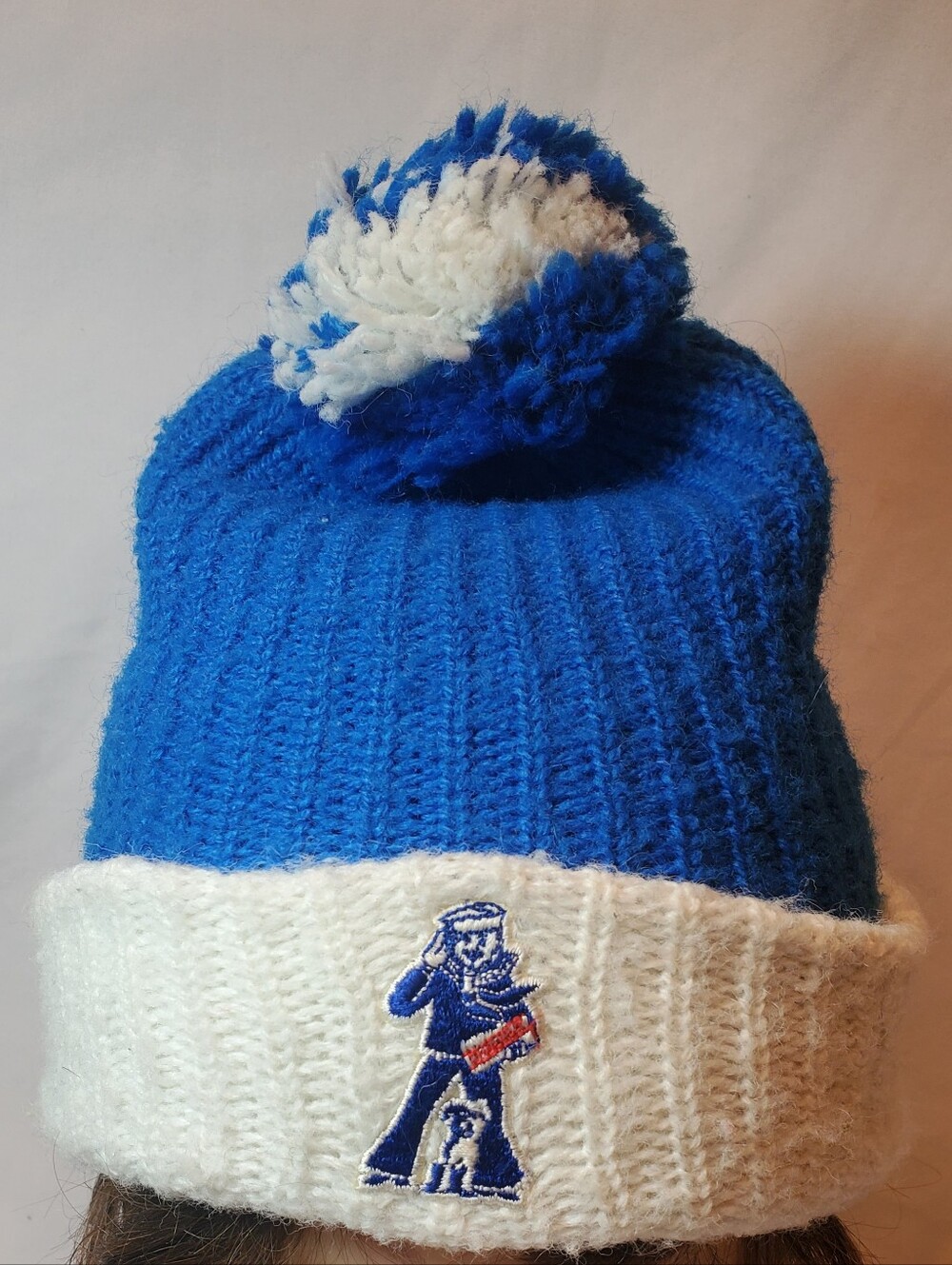 Cracker Jacks Vtg 1980's Blue & White Pom Pom Knit Beanie Hat Sailor Jack Bingo